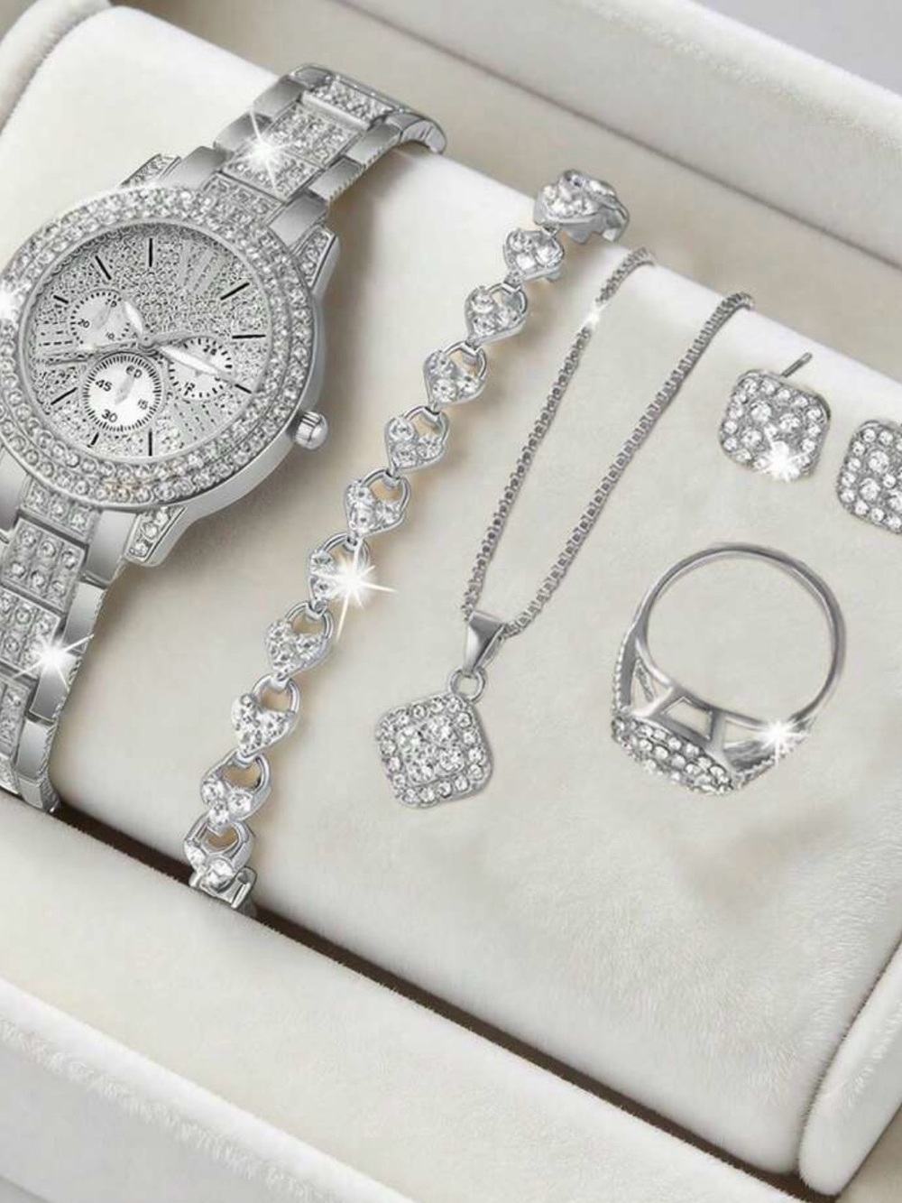 5 piece Sterling Silver Crystal Watch and Jewelry Set - box not included